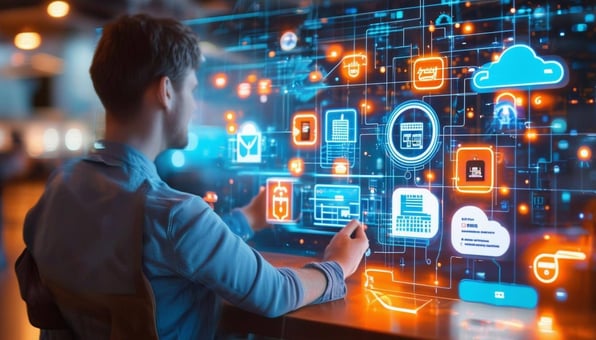 man looking at screen with multiple icons