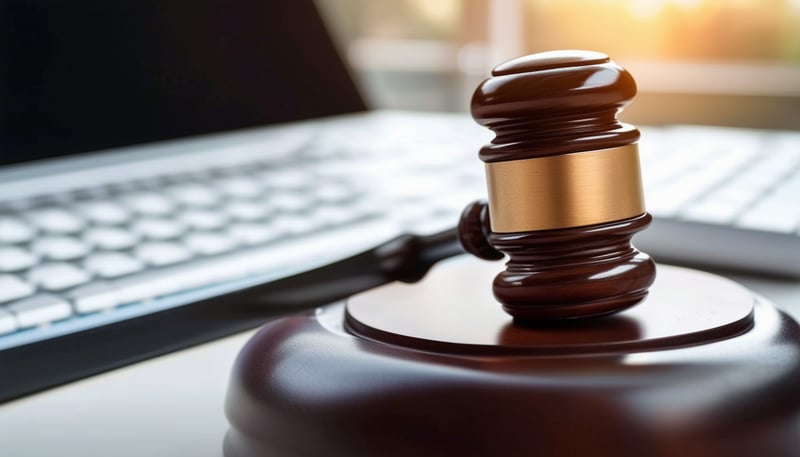 A gavel placed beside a computer keyboard, symboli