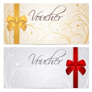 Gift certificate, Voucher, Coupon. Gold, template. Red bow